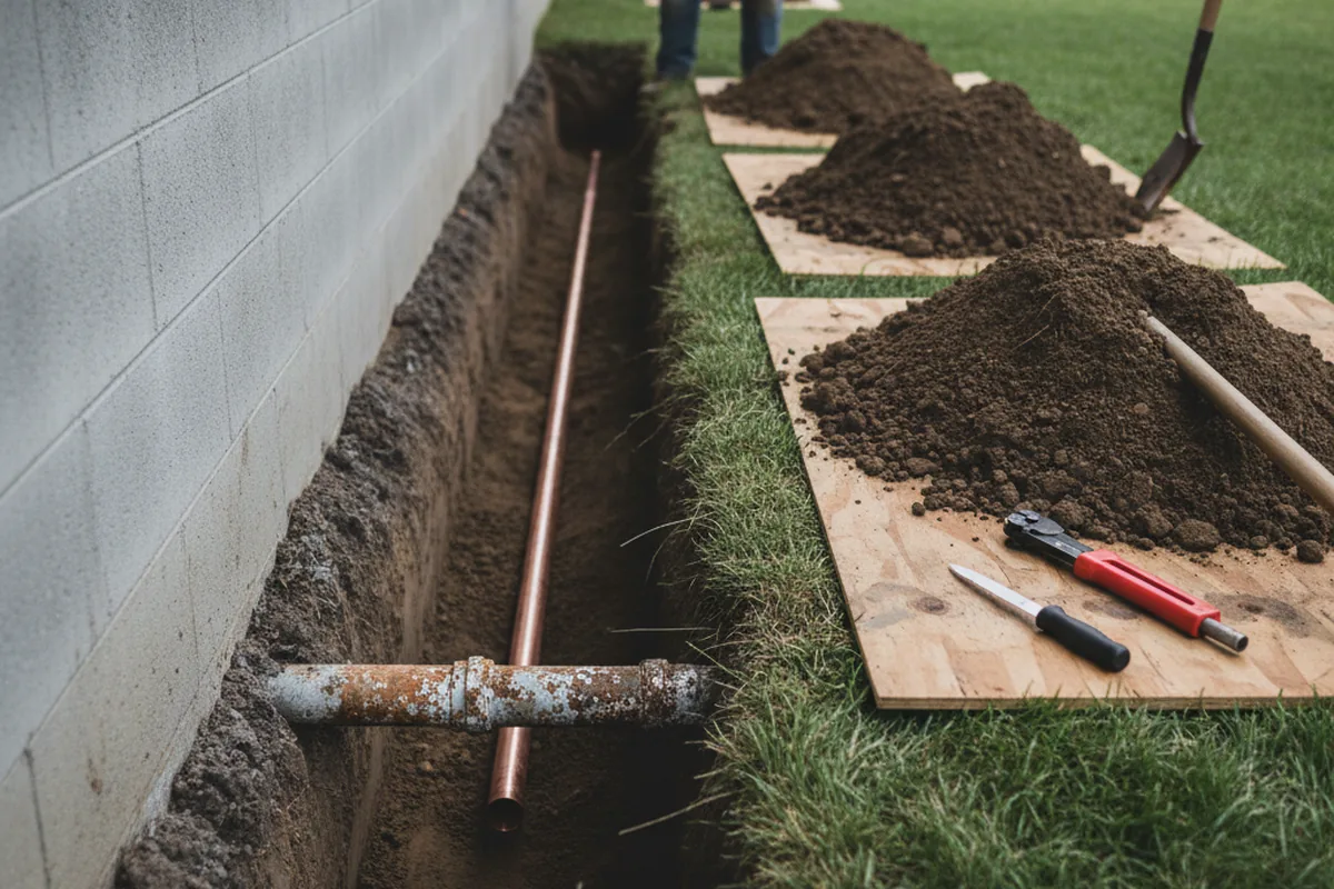 Excavated water line trench during Sewer Line Repair in Hatfield